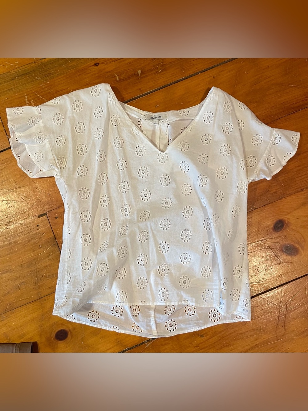 Madewell White Eyelet V-Neck Short-Sleeve Blouse